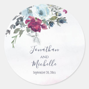 Elegant Burgundy White and Blue Roses Wedding Classic Round Sticker