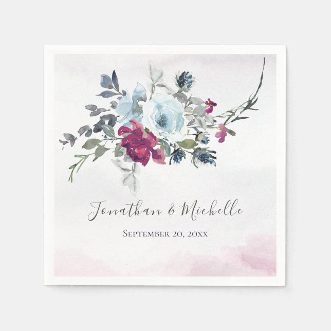 Elegant Burgundy White and Blue Roses Wedding Napkin (Front)