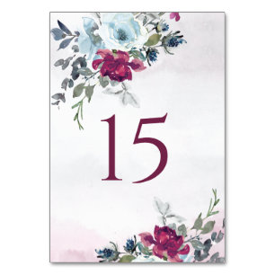Elegant Burgundy White and Blue Roses Wedding Table Number