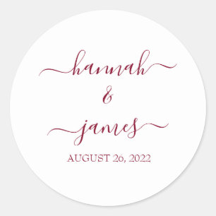 Elegant Burgundy White Calligraphy Wedding Classic Round Sticker