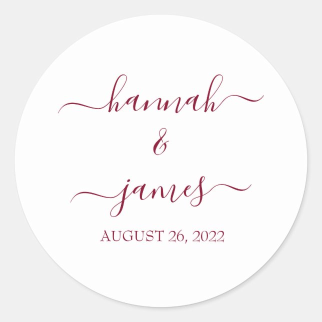 Elegant Burgundy White Calligraphy Wedding Classic Round Sticker (Front)