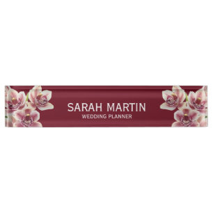 Elegant Burgundy & White Exotic Orchid Flowers Des Nameplate