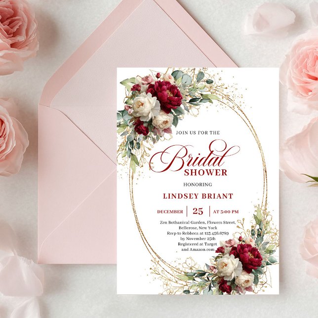 Elegant Burgundy White Floral Gold Shower Invite (Elegant Burgundy White Floral Gold Shower Invitation)
