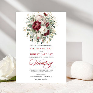 Elegant Burgundy White Floral Gold Wedding Invite