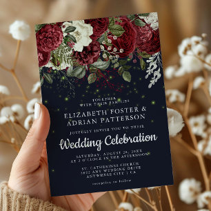 Elegant Burgundy & White Floral Navy Wedding Invitation