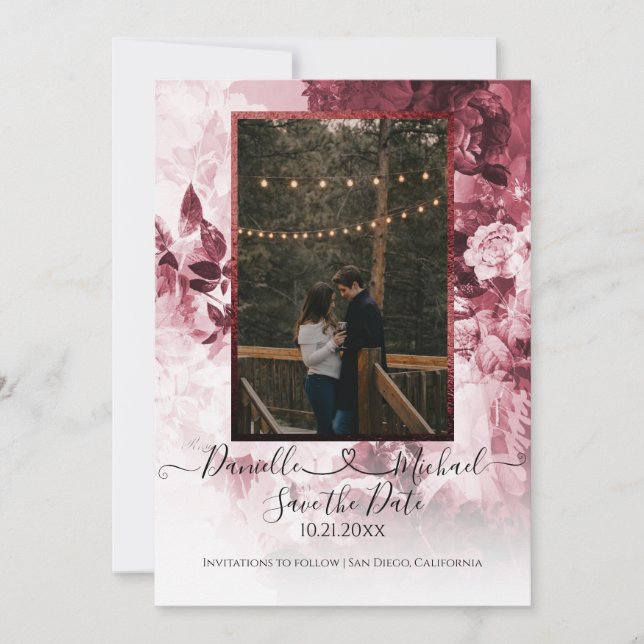 Elegant Burgundy White Floral Script Heart Photo Save The Date (Front)