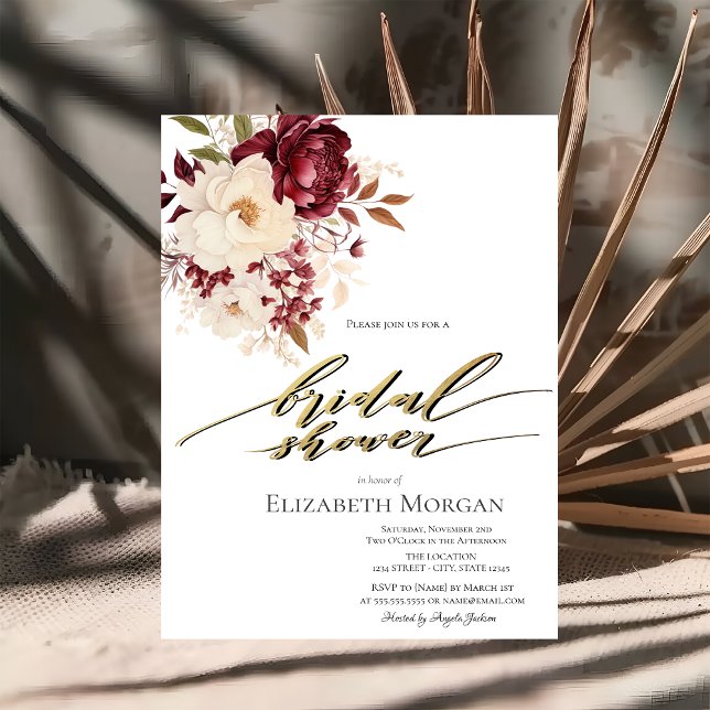 Elegant Burgundy White Flowers Bridal Shower  Invitation (Creator Uploaded)