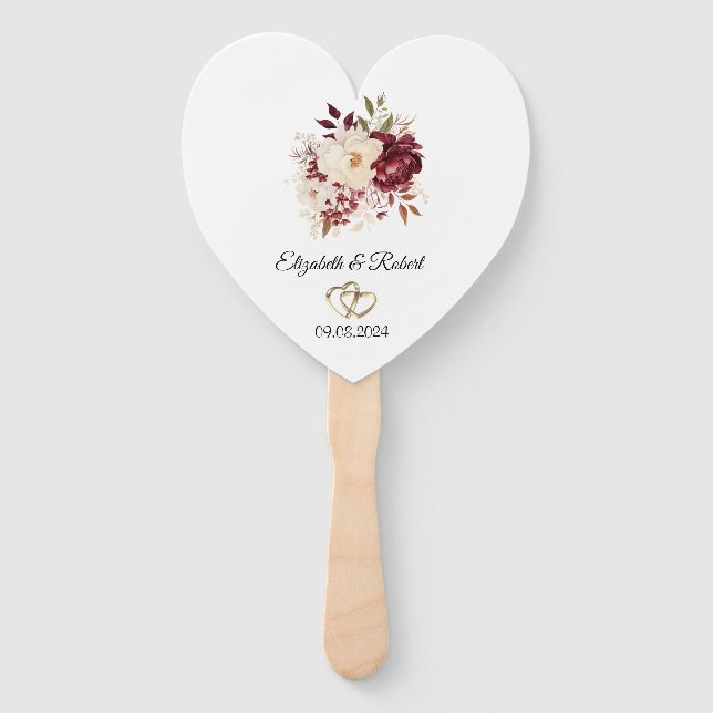 Elegant Burgundy White Flowers Hand Fan (Back)