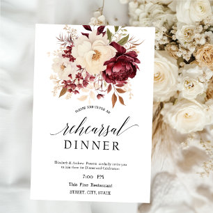 Elegant Burgundy White Flowers Rehearsal Dinner   Invitation