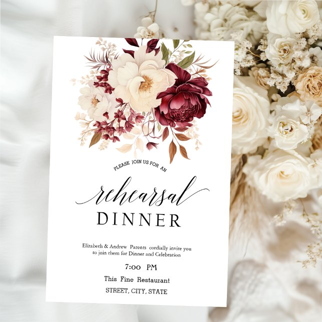 Elegant Burgundy White Flowers Rehearsal Dinner   Invitation (Creator Uploaded)