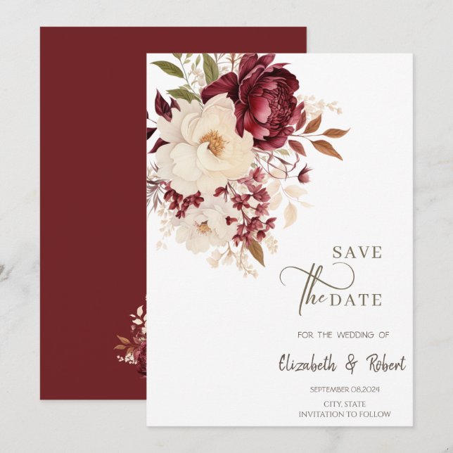 Elegant Burgundy White Flowers Save The Date (Front/Back)