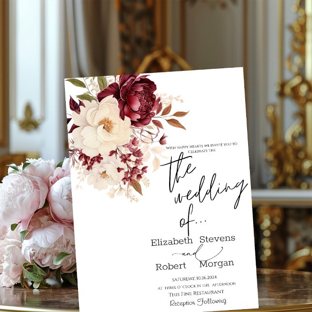 Elegant Burgundy White Flowers Wedding Invitation (Creator Uploaded)