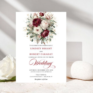 Elegant Burgundy White Gold Botanical Gold Wedding Invitation