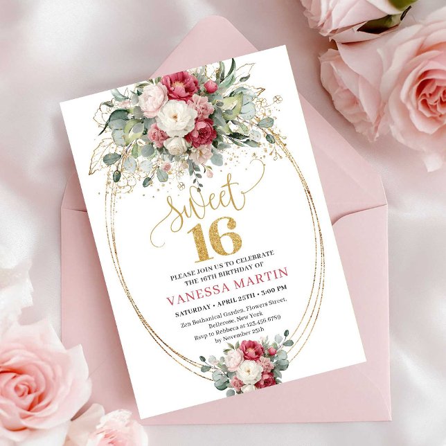 Elegant Burgundy White Gold Floral Sweet 16 Invite (Elegant Burgundy White Gold Floral Sweet 16 Invitation)