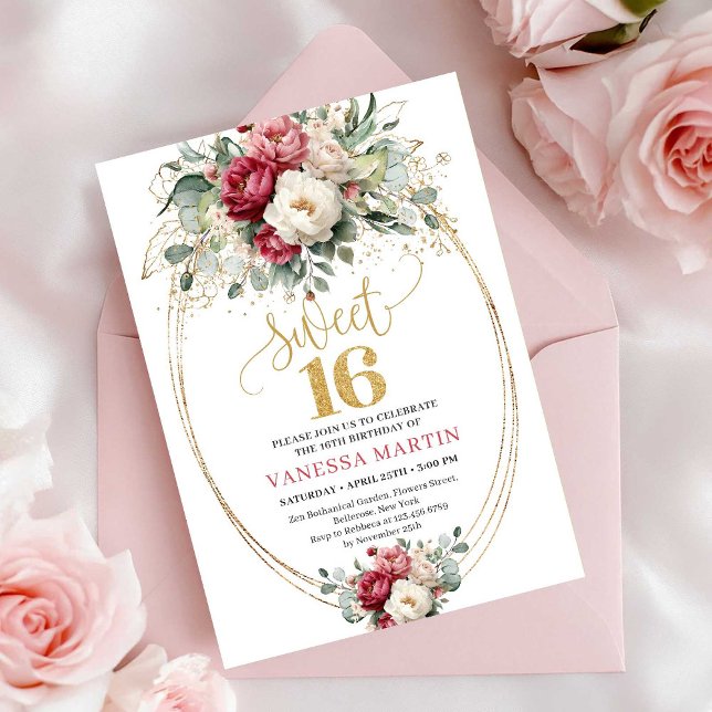 Elegant Burgundy White Gold Floral Sweet Sixteen  Invitation (Elegant Burgundy White Gold Floral Sweet Sixteen Invite)