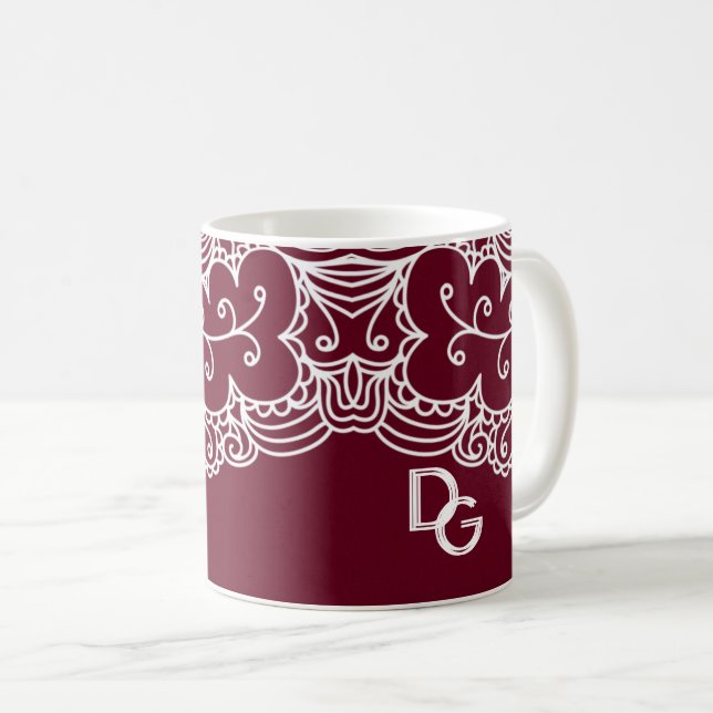 Elegant Burgundy White Lace Monogrammed  Coffee Mug (Front Right)