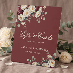 Elegant Burgundy White Peony Wedding Gifts Cards Pedestal Sign