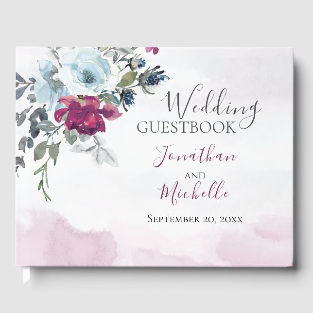 Elegant Burgundy White Roses Christian Wedding Guest Book (Front)