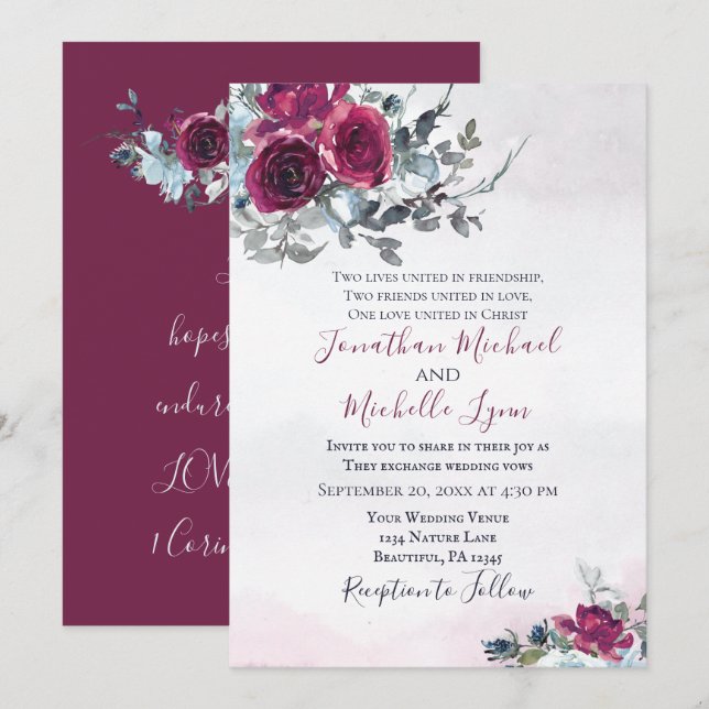 Elegant Burgundy White Roses Christian Wedding Invitation (Front/Back)