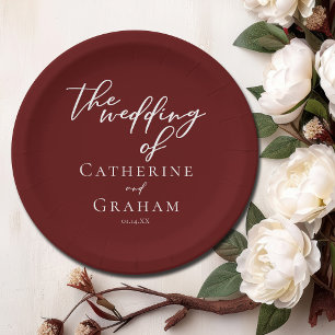 Elegant Burgundy White Script Personalised Wedding Paper Plate