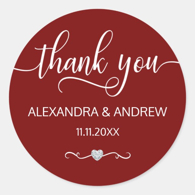 Elegant BURGUNDY White Script Wedding Thank You Classic Round Sticker (Front)