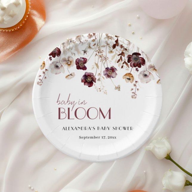 Elegant Burgundy Wildflowers Girl Baby Shower Paper Plate (Creator Uploaded)