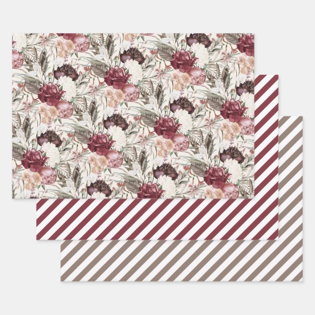 Elegant Burgundy Wine Cream Floral Greenery Stripe Wrapping Paper Sheet (Set)