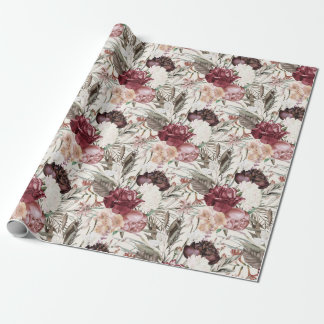 Elegant Burgundy Wine Cream Floral Greenery Wrapping Paper