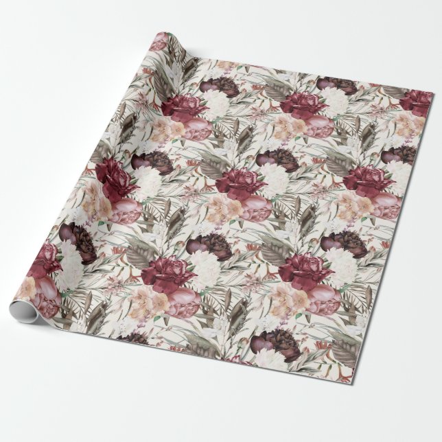 Elegant Burgundy Wine Cream Floral Greenery  Wrapping Paper (Unrolled)