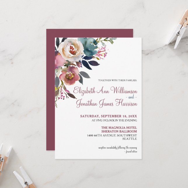 Elegant Burgundy Wine Dusty Blue Floral Wedding Invitation (Front/Back In Situ)