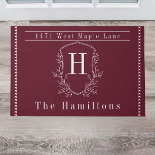 Elegant burgundy wine family monogram address doormat