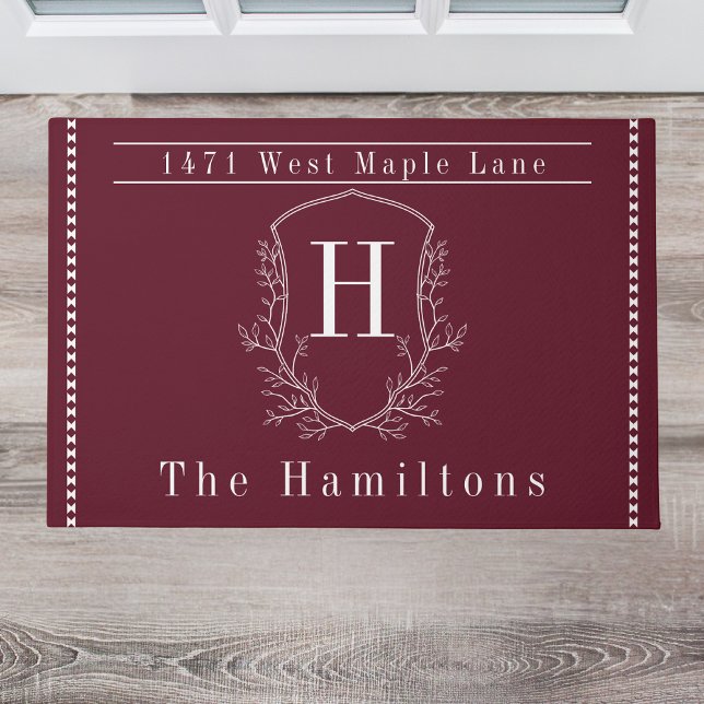 Elegant burgundy wine family monogram address doormat (Creator Uploaded)