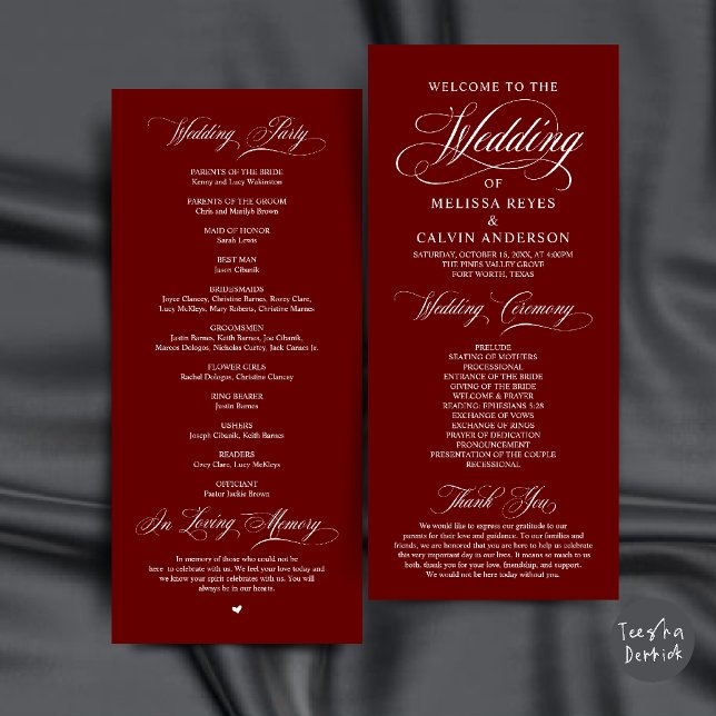 Elegant Burgundy Wine Red Script Wedding Ceremony Program (Elegant Classic Burgundy Wine Red Script Wedding Ceremony Program Card)