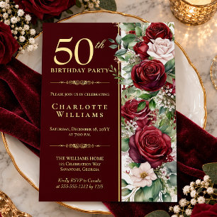 Elegant Burgundy Wine Rose Floral 50th Birthday