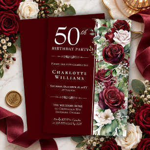 Elegant Burgundy Wine Rose Floral 50th Birthday Invitation