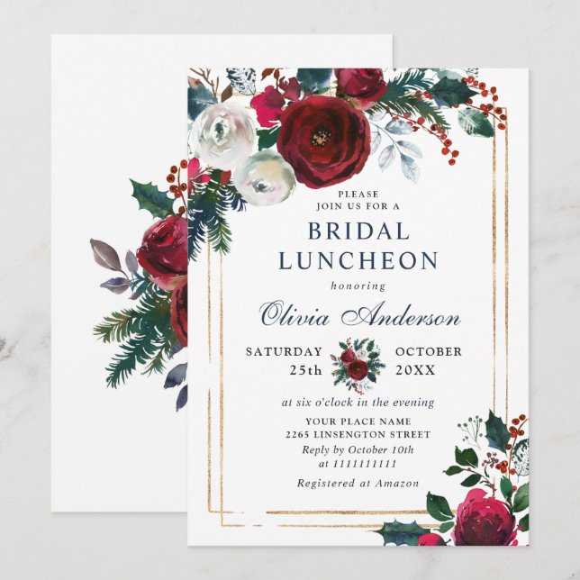 Elegant Burgundy Winter Roses BRIDAL  LUNCHEON Invitation (Front/Back)