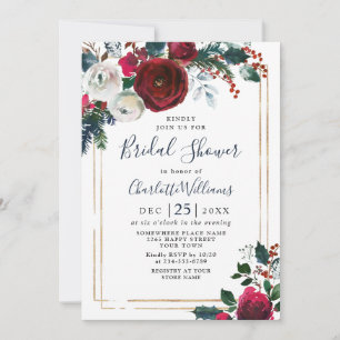 Elegant Burgundy Winter Roses Floral Bridal Shower Invitation