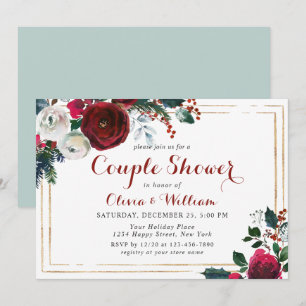 Elegant Burgundy Winter Roses Floral Couple Shower Invitation