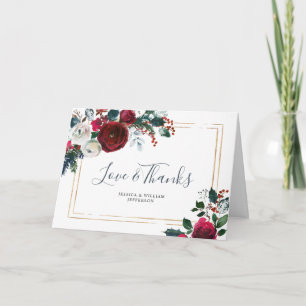 Elegant  Burgundy Winter Roses Greenery Thank You Card