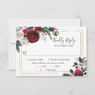 Elegant Burgundy Winter Roses Greenery Wedding RSVP Card