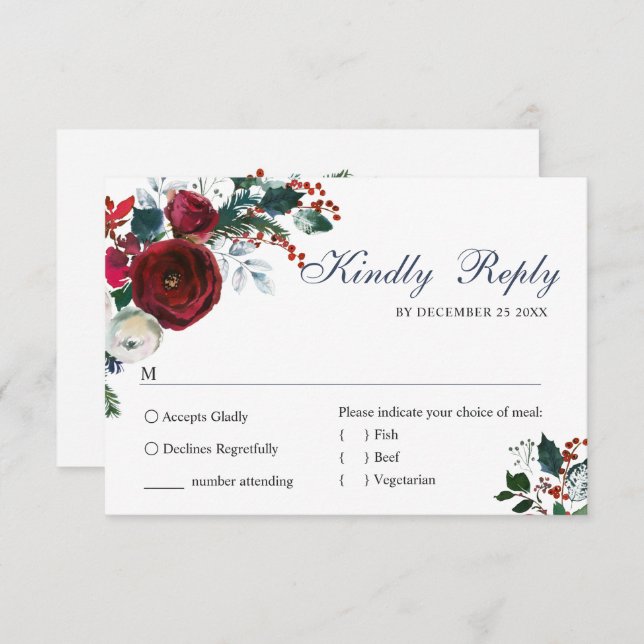 Elegant Burgundy Winter Roses Greenery Wedding RSVP Card (Front/Back)