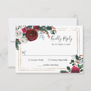 Elegant Burgundy Winter Roses Greenery Wedding RSVP Card