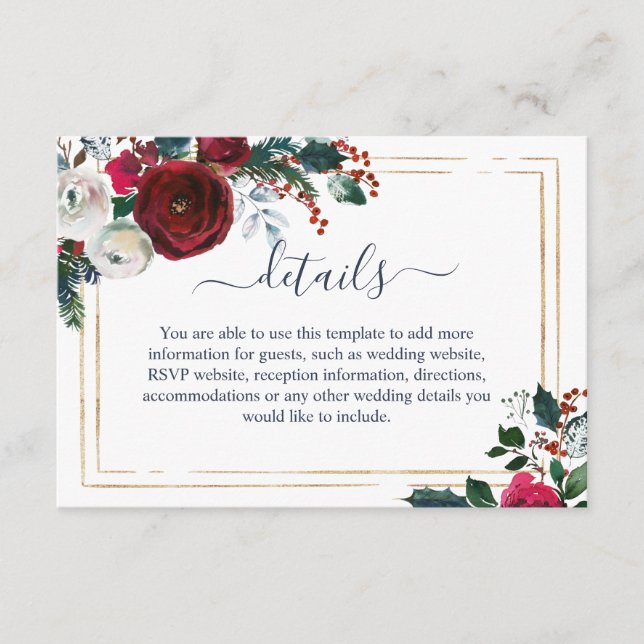 Elegant Burgundy Winter Roses Wedding Details Enclosure Card (Front)