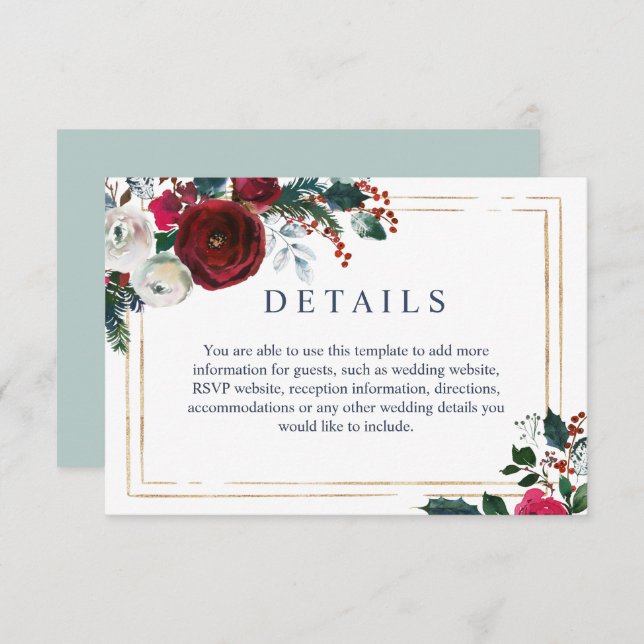 Elegant Burgundy Winter Roses Wedding Details Enclosure Card (Front/Back)