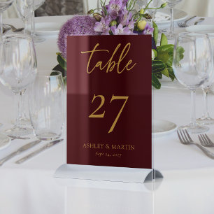 Elegant Burgundy with Gold Personalised Wedding Table Number
