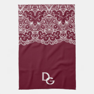 Elegant Burgundy with White Lace Initials Tea Towel
