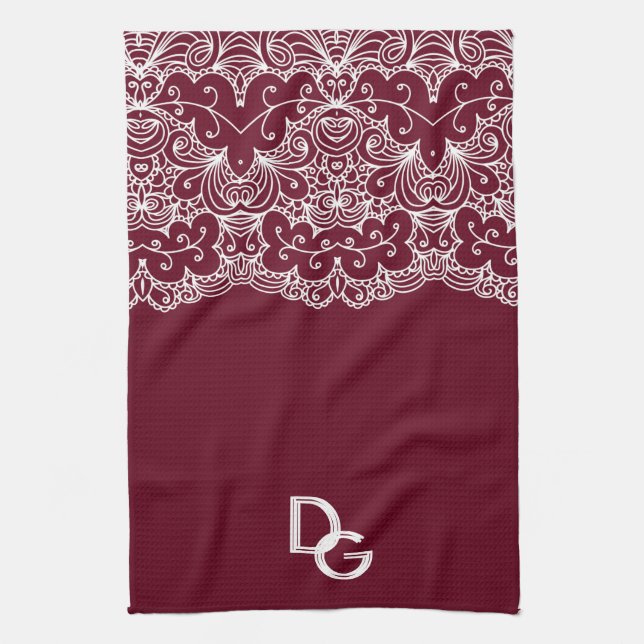 Elegant Burgundy with White Lace Initials Tea Towel (Vertical)