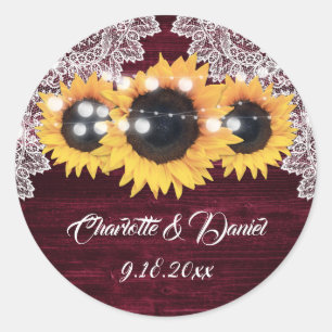 Elegant Burgundy Wood Lace Sunflower Wedding Classic Round Sticker