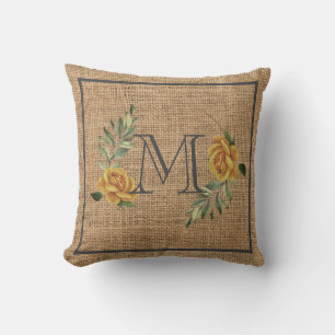 elegant burlap floral monogram family cushion
