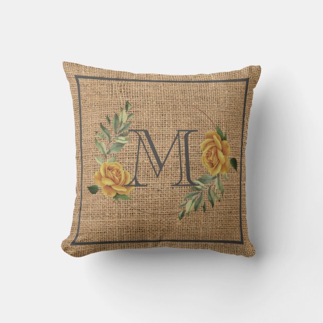elegant burlap floral monogram family cushion (Front)
